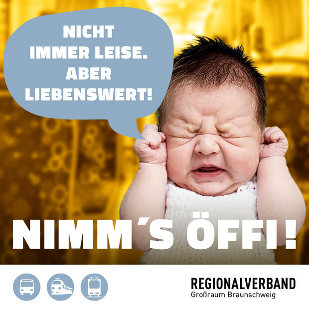 Ein Baby schreit im Bus. Dazu der Text "Nicht immer leise. Aber liebenswert."