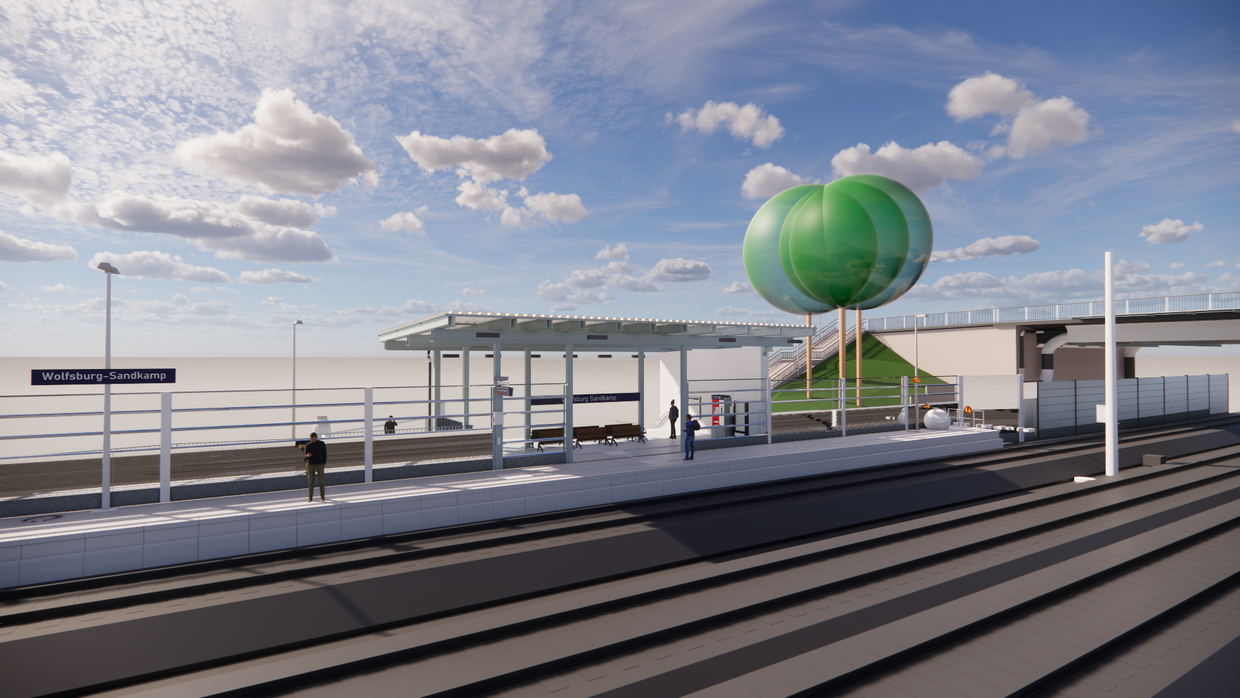 Visualisierung der Verkehrsstation Wolfsburg-Sandkamp. Blick von der Schienenseite.