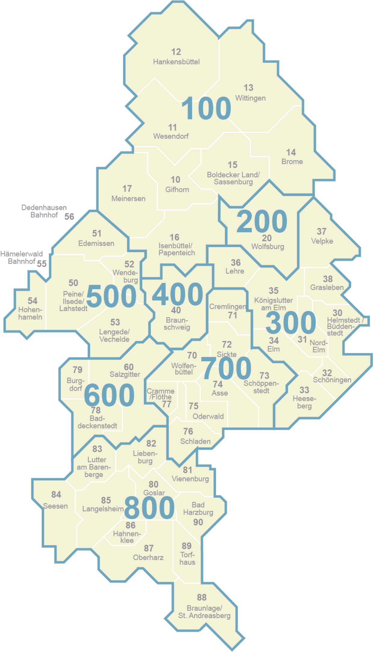 Karte Tarifzonen und Busnummernsystem im Großraum Braunschweig