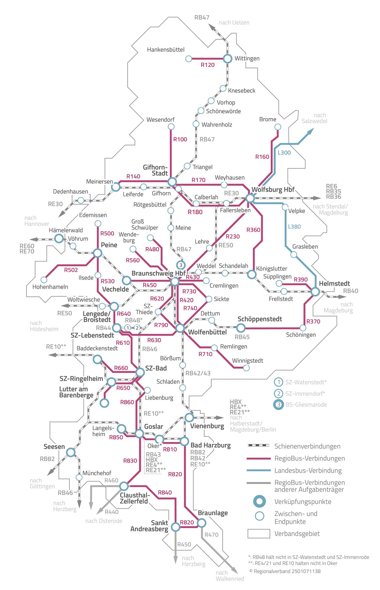 Karte des regionalen Netzes im Großraum Braunschweig.