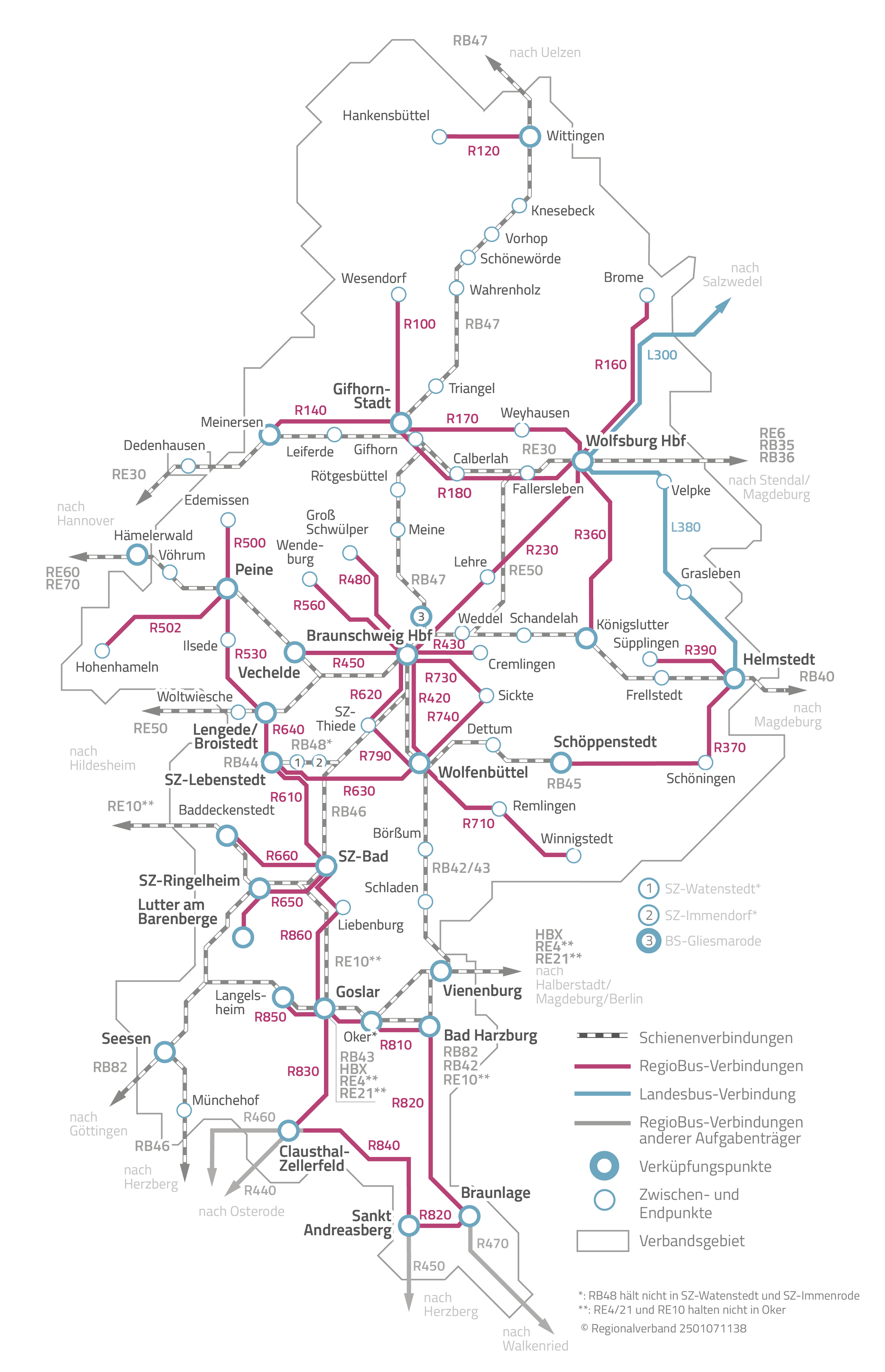 Karte des regionalen Netzes im Großraum Braunschweig.