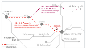 Der Kartenausschnitt zeigt die Bahnstrecke zwischen HAnnover und Braunschweig, die vom 13.-20. August gesperrt ist.