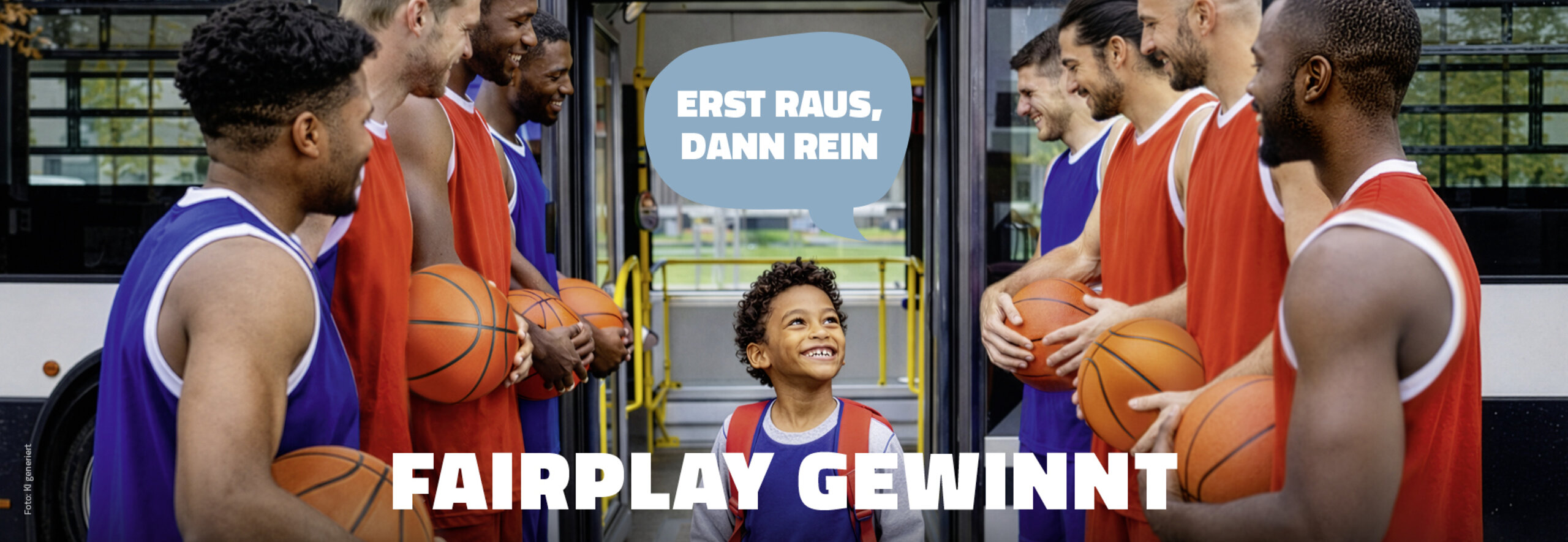 Junge schaut zu Basketballspielern auf, die ihn aus dem Bus aussteigen lassen
