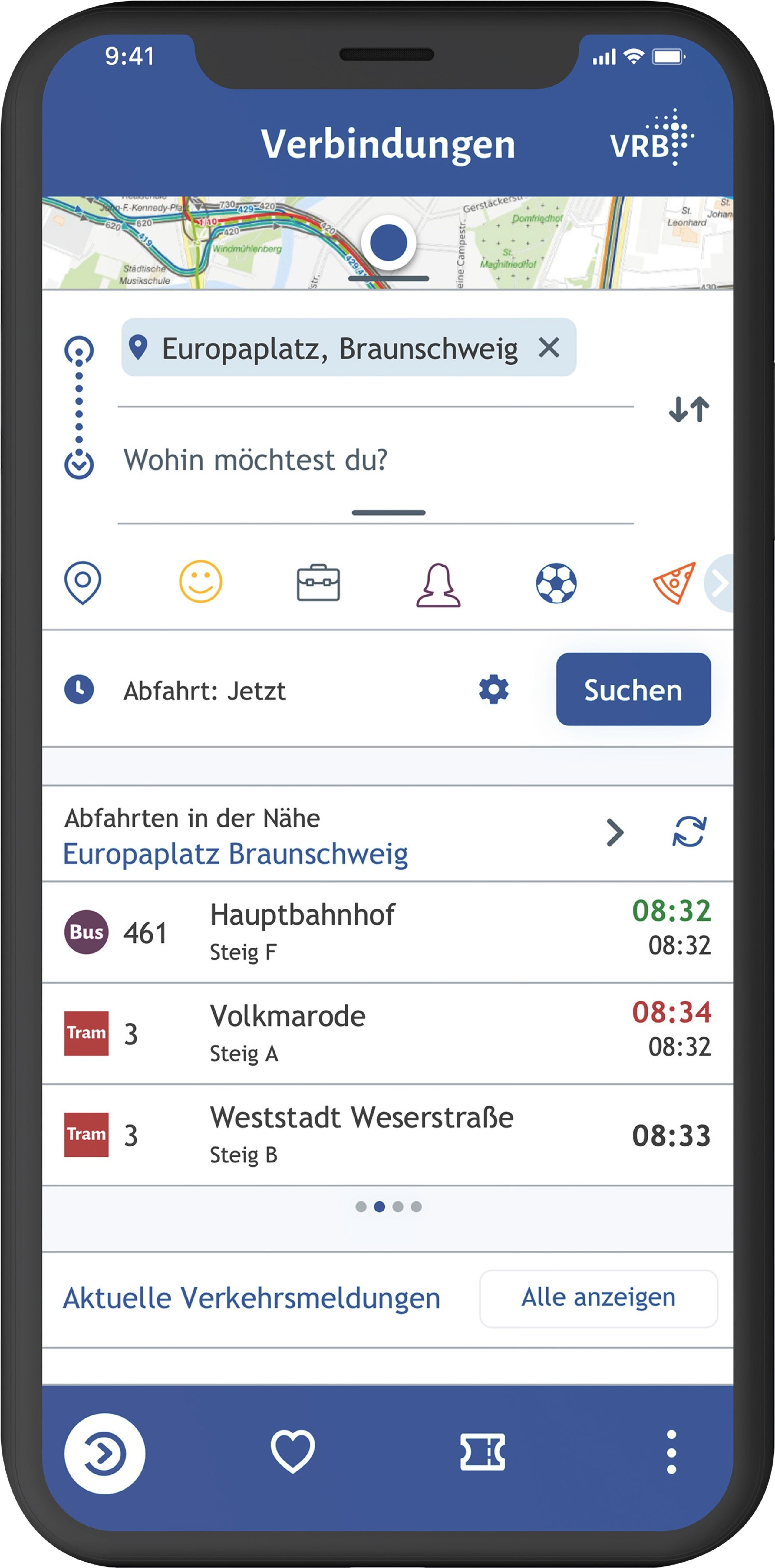 Smartphone Screenshot der VRB-App mit Echtzeitanzeige