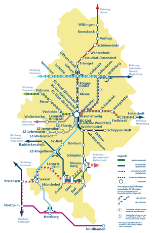 Karte: Regionalbahnkonzept 2014+:
Das angestrebte Bedienungsangebot (Stand 2013)