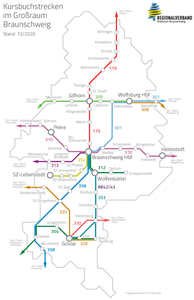 Karte der Kursbuchstrecken im Großraum Braunschweig