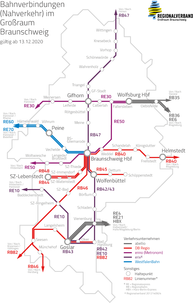 Karte mit Bahnverbindungen des Nahverkehrs im Großraum Braunschweig (ab Dezember 2018)