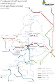 Karte der Eisenbahnnetze (Nahverkehr) im Großraum Braunschweig und deren Betreiber