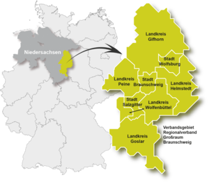 Karte: Gebiet des Regionalverbandes Großraum Braunschweig und Lage in Deutschland