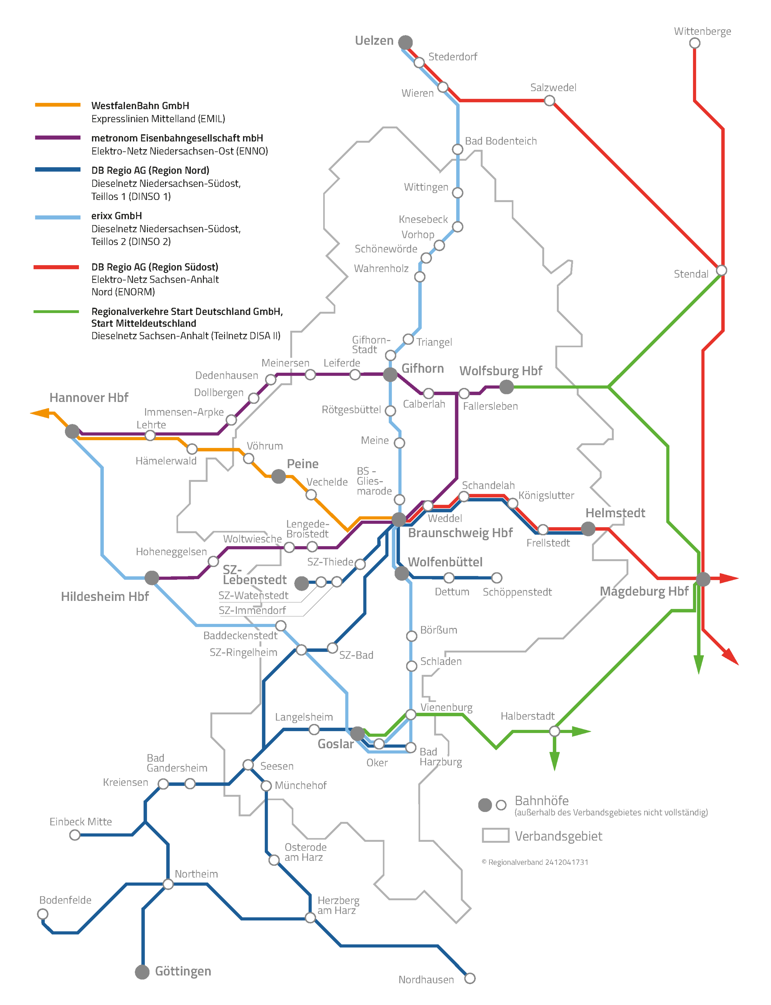 Die Karte zeigt Eisenbahnnetze (Nahverkehr) und Betreiber im Großraum Braunschweig