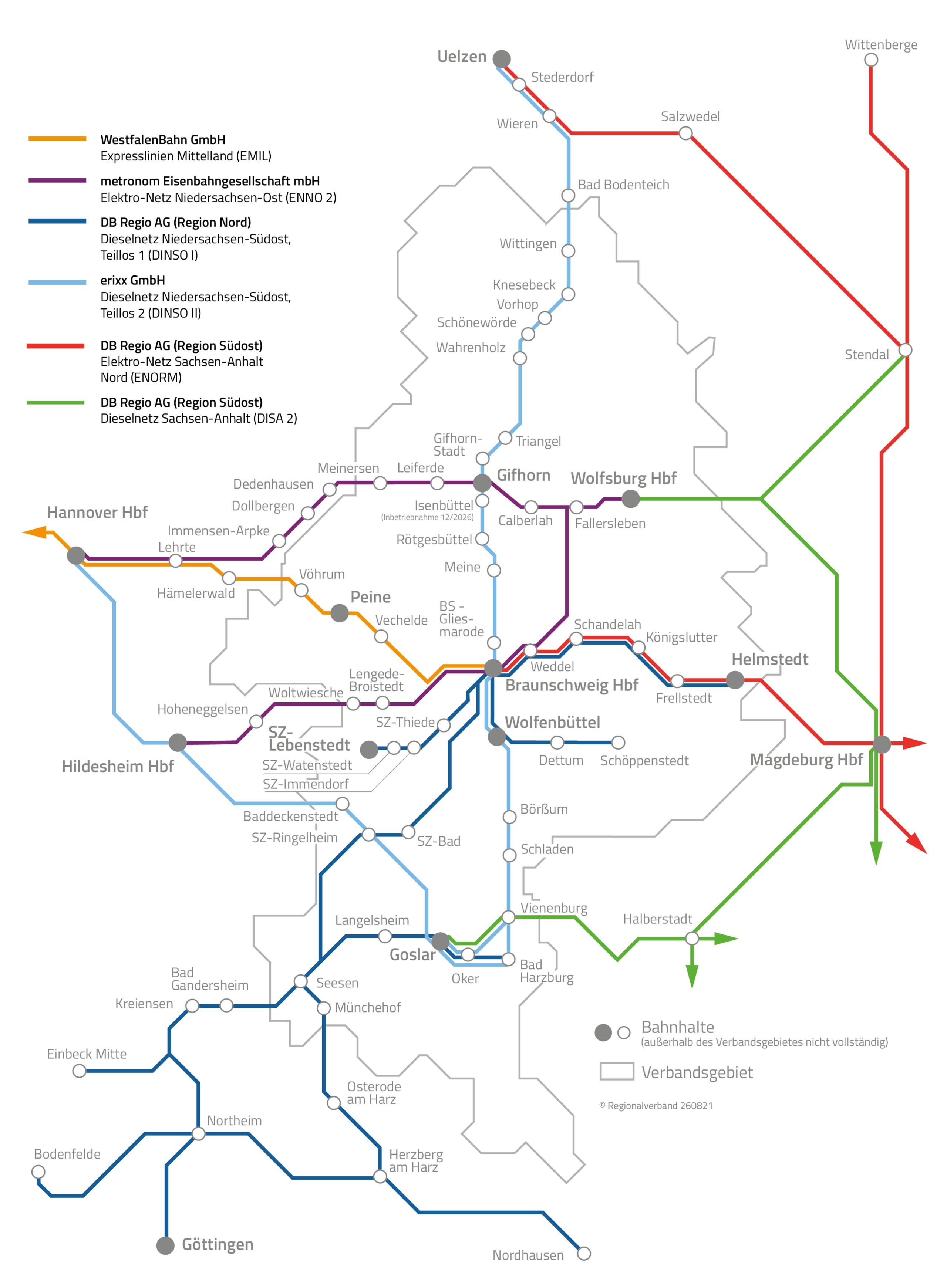 Die Karte zeigt Eisenbahnnetze (Nahverkehr) und Betreiber im Großraum Braunschweig