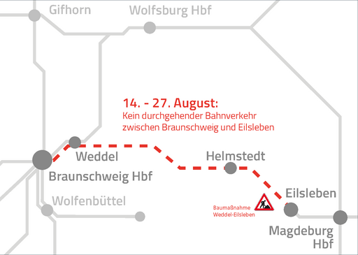 Der Kartenausschnitt zeigt die Bahnstrecke zwischen Braunchweig und Magdeburg.