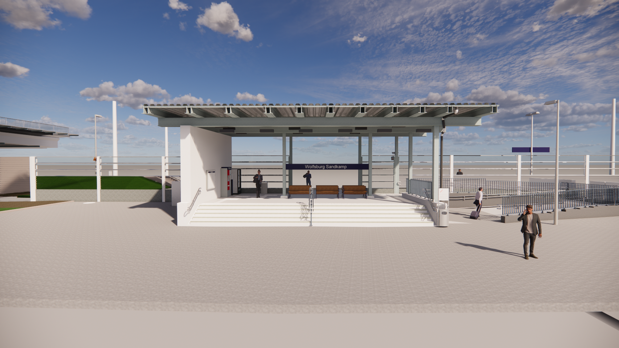 Visualisierung der Verkehrsstation in Wolfsburg-Sandkamp. Blick von der Straßen-Seite.